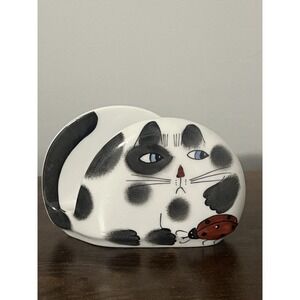 Whimsical Hand Painted Cat Napkin Holder Signed K. Ladybug Design